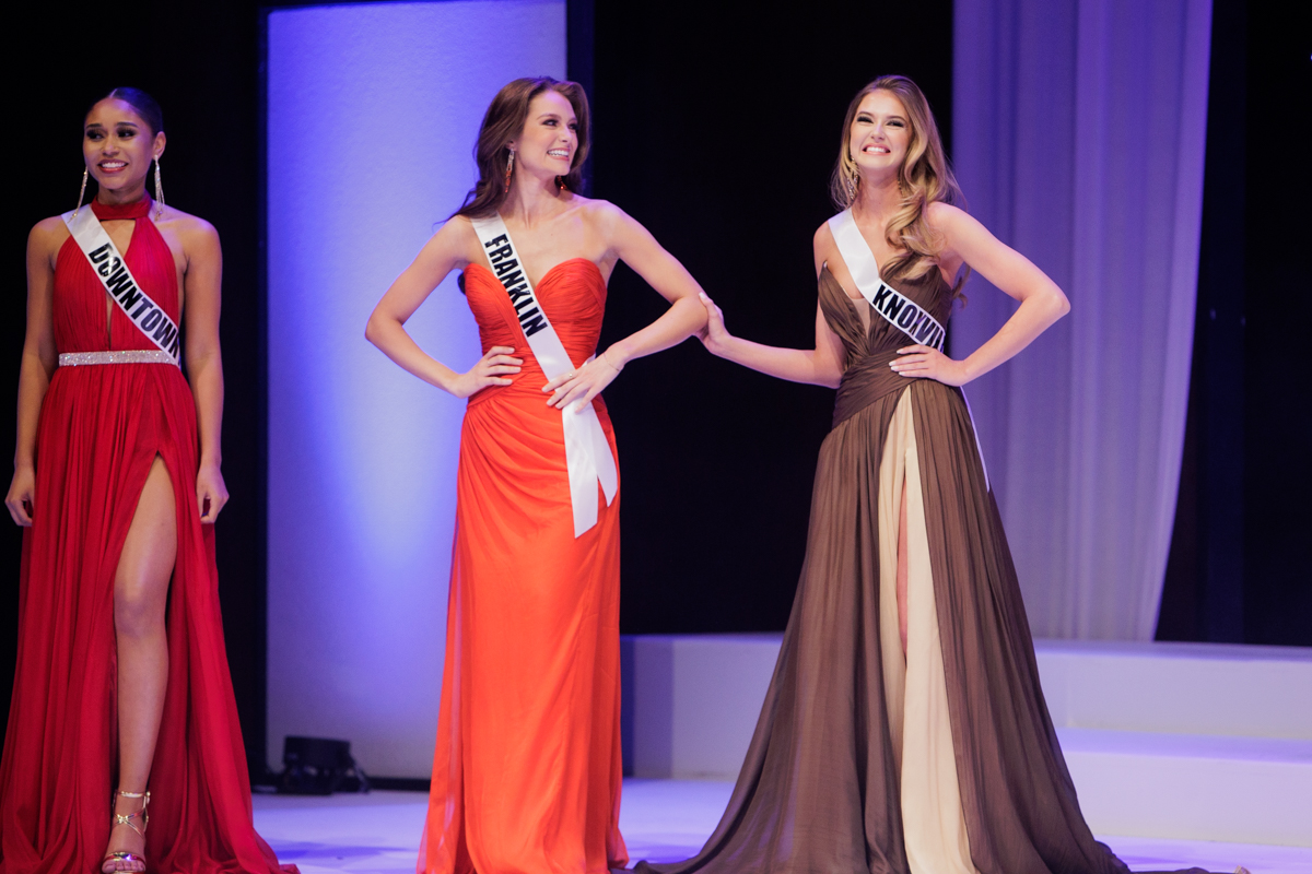 MIss Knoxville Emma Conn reacts to being named to the Top 5 with Miss Franklin Emily Suttle