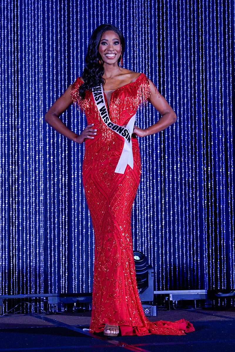 A woman wearing an evening gown in a pageant