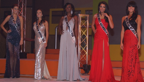 Kristen Motil, Catherine Werne, Shaela Sisco, Tucker Perry and Jessica Hibler are the final five at Miss Tennessee USA 2009.  Kristen went on to win the Miss TN USA title, Tucker won in 2010 and Jessica in 2012.