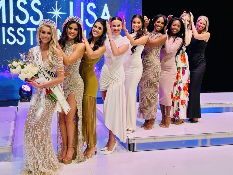 May 2026 • Current and former titleholders at Miss Illinois USA 2026 • L to R Miss Illinois USA 2026 Vivica Lewandowski, Miss Illinois USA 2025 Nikolina Vujcic, Miss Illinois USA 2024 Grace Rodi, Miss Illinois USA 2023 Samantha Elliott, Miss Illinois USA 2022 Angel Reyes, Miss Illinois USA 2021 Sydni Dion Bennett, Miss Illinois USA 2017 Whitney Wandland, Miss Illinois USA 2015 Renee Wronecki, Miss Illinois USA 1998 Mandy Lane