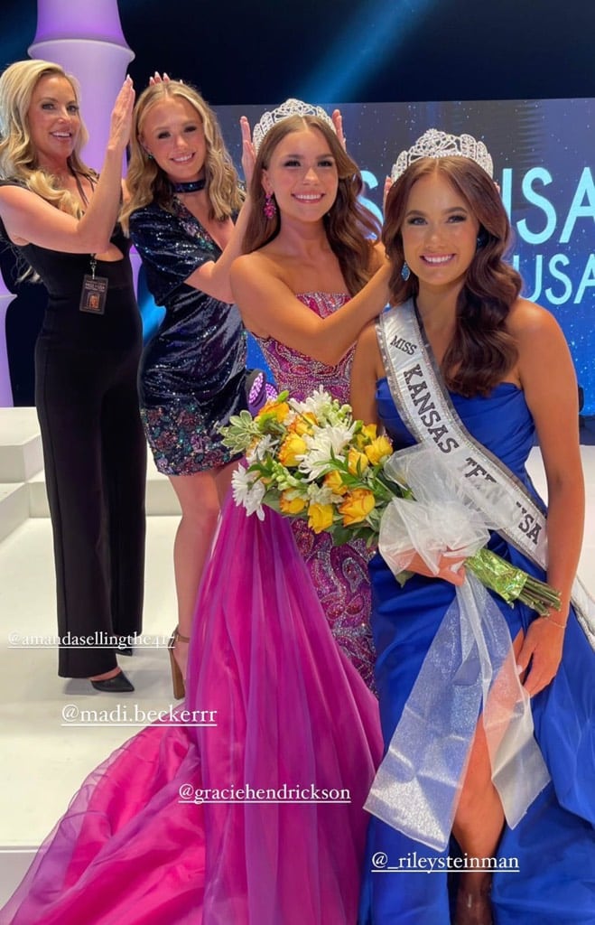 Former titleholders at Miss Kansas Teen USA 2023 • Amanda Carraway (1996), Madi Becker (2021), Gracie Hendrickson (2022), Riley Steinman (2023)