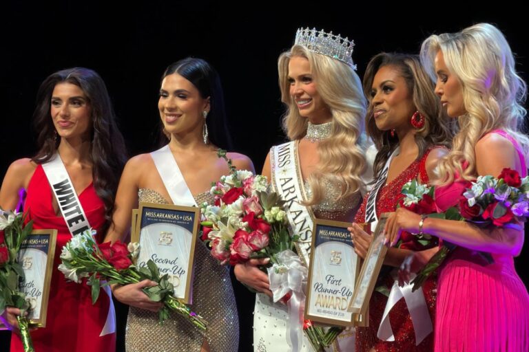Miss Arkansas USA 2026 top five • Katie Shields (4RU), Amelia Collins (2RU), Anna Claire Hay (Miss AR USA), Alexis Sanders (1RU), Bleu Nolte (3RU)