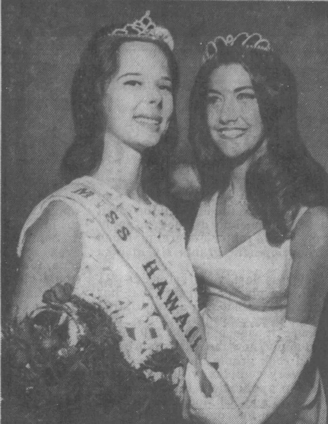 Miss Universe-Hawaii Nancy Banks, left, gets congratulations from her predecessor, Judy Wolski, after being; crowned Miss Universe-Hawaii Tuesday night.
