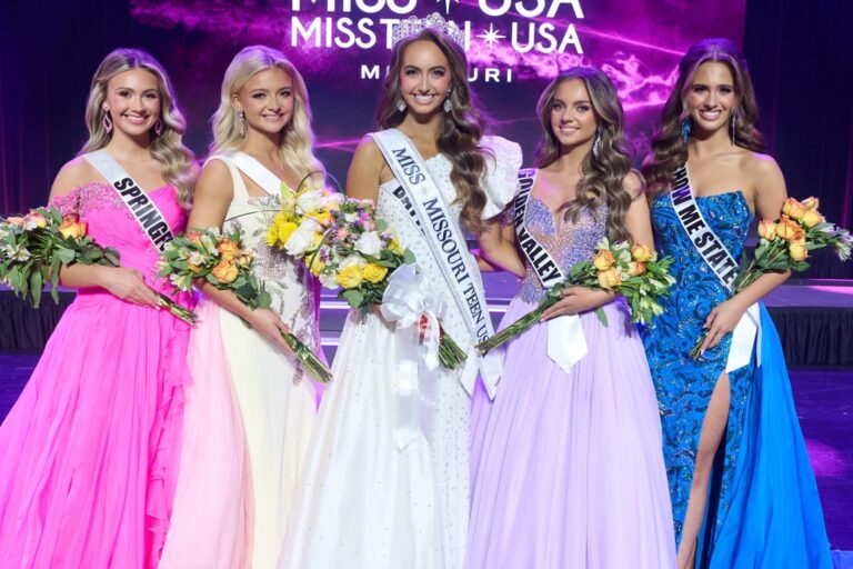 Miss Missouri Teen USA 2026 top five • Emme Hill (4RU), Reese Carr (2RU), Vegas Turner (Miss MO Teen USA), Maleah Johnson (1RU), Addie Rose Castleberry (3RU)