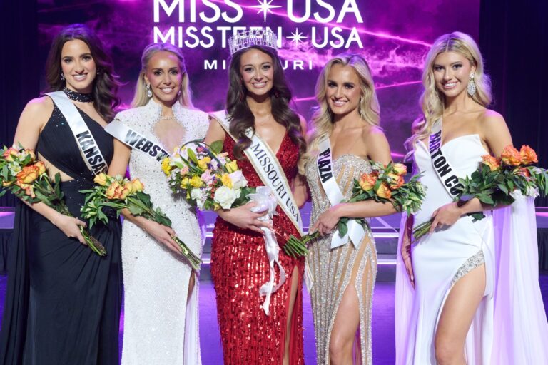 Miss Missouri USA 2026 top five • Holly Hanes (4RU), Sara Bommarito (2RU), Madison Beck (Miss MO USA), Jess Janorschke (1RU), Ella Harris (3RU)