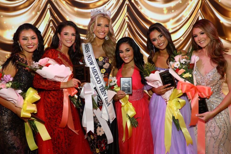 Miss New Mexico Teen USA 2026 top five • Joslynn Dickerson (4RU), Kylie Williams (2RU), Olivia Biggs (Miss NM Teen USA), Addisyn Jaramillo (1RU), Vanessa Barron (3RU), Daisy Sandoval (5RU)