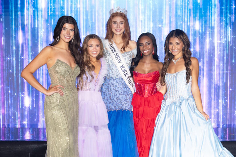 Miss New York Teen USA 2025 top five • Arabella Torrado (3RU), Mia Hasan (1RU), Ginger Ragaishis (Miss NY Teen USA), Emily Hall (2RU), Victoria Sala (4RU)