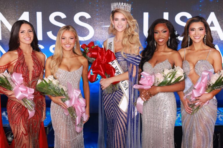 Miss New York USA 2026 top five • Geanna Koulouris (3RU), Hailey Germano (1RU), Jenna Dykstra (Miss NY USA), Taylor McDaniel (2RU), Elba Mendoza (4RU)