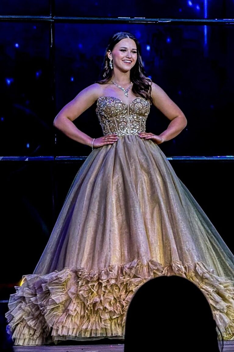 Audrey Emerson competes in evening gown at Miss North Dakota Teen USA 2026